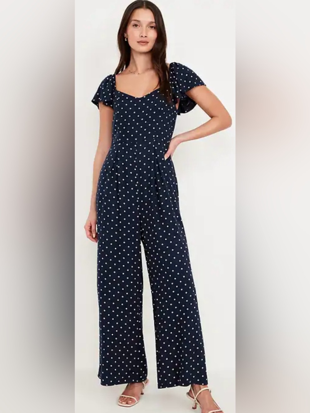 Old Navy Navy Polka Dot Fit & Flare Crepe Jumpsuit